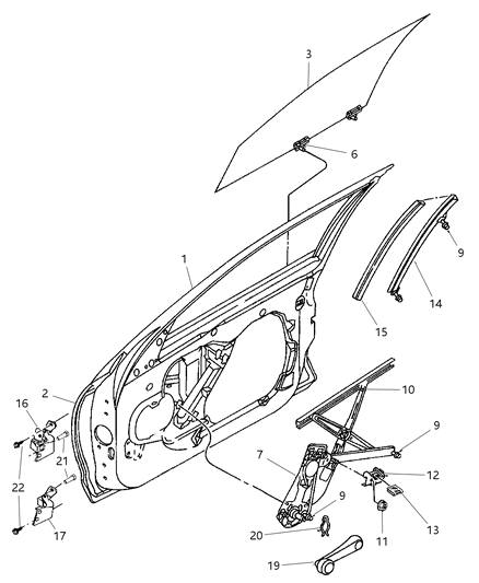 1998 Chrysler Cirrus Door, Front Hinge Shell, Glass & Regulator Diagram