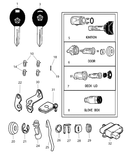 1998 Chrysler Sebring Convertible Lock Cylinders & Double Bitted Lock Cylinder Repair Components Diagram