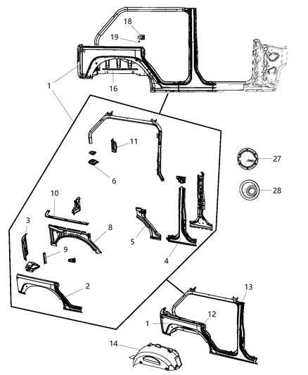 2015 Jeep Wrangler Shield Splash Rear Diagram for 55157126AJ