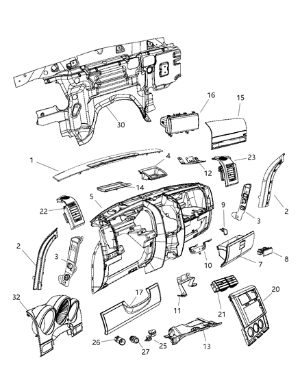 2009 Dodge Nitro Bezel Instrument Panel Upper Diagram for 1CL431J8AC