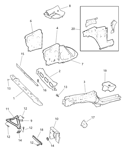 2000 Jeep Cherokee Panels - Front End Inner & Wheelhouse Diagram