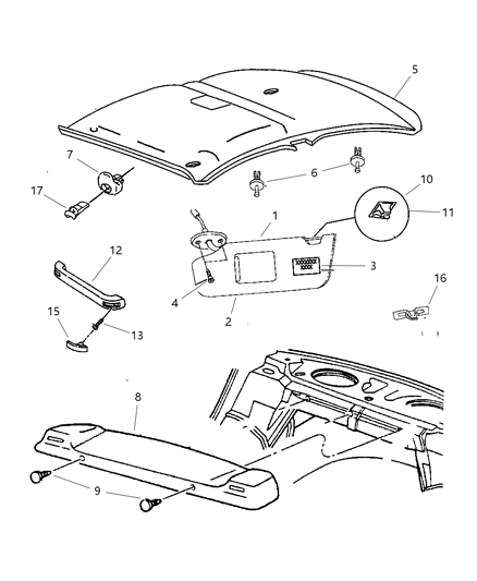 1999 Dodge Neon Headliner, Visor & Shelf Panel Diagram
