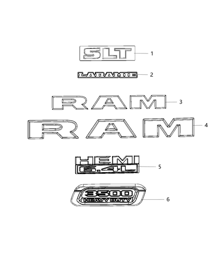 2020 Ram 3500 Cab Chassis(<10K lb.) Nameplates, Emblems And Medallions Diagram