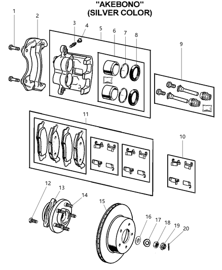 2001 Jeep Grand Cherokee Front Disc Brake Caliper `akebono`and Rotor Diagram