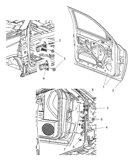 2007 Dodge Dakota Door, Front Shell & Hinges Diagram