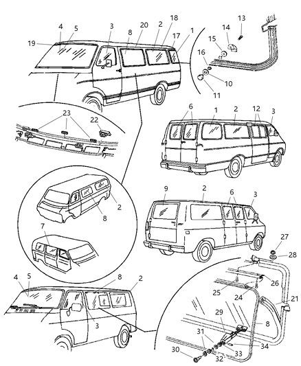 1998 Dodge Ram Wagon Glass Spacer, Upper Diagram for 55028214