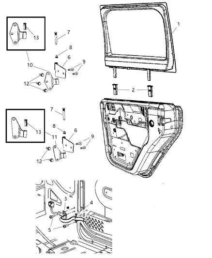2007 Jeep Wrangler Half Rear Door, Glass Frame & Hinges Diagram