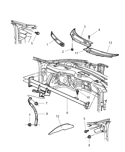 2004 Dodge Intrepid Cowl Screens & Support Beam Diagram