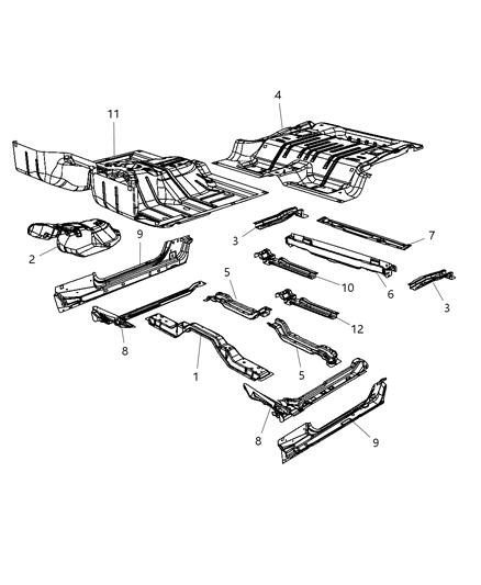 2009 Jeep Wrangler Front, Center & Rear Floor Pan Diagram