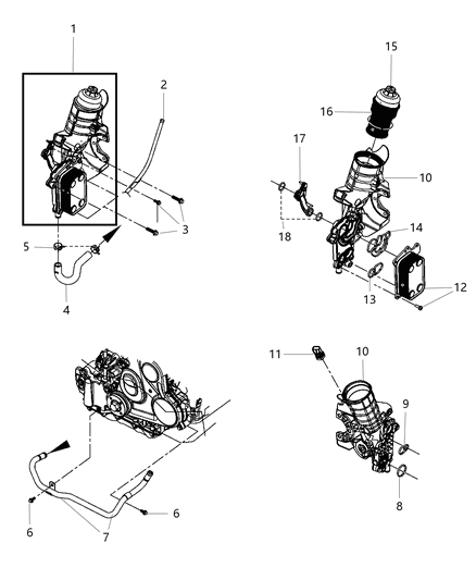 2007 Jeep Wrangler Engine Oiling Pump , Oil Filter & Oil Cap Oil Cooler & Oil Jet Valve Diagram 1 - Thumbnail