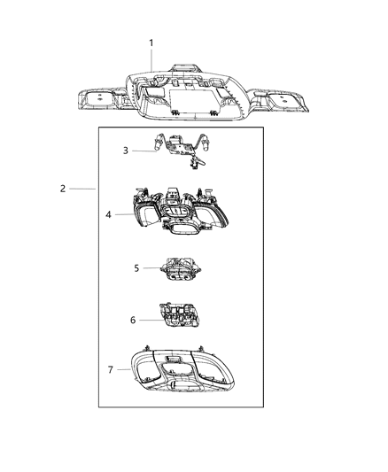 2019 Jeep Compass Console Overhead Includes Retainer, Bezels, Wiring & Clips Diagram for 5YB61PS4AD