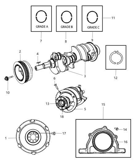2009 Dodge Challenger Crankshaft , Crankshaft Bearings , Damper And Flexplate And Flywheel Diagram 2 - Thumbnail
