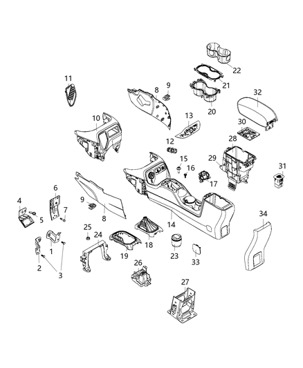 2015 Jeep Renegade Floor Console, Brown/Gray, Center Diagram for 5UX18PF6AA