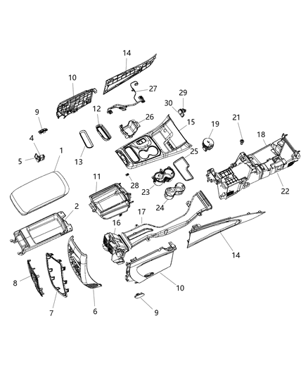 2020 Dodge Durango Floor Console, Front Diagram