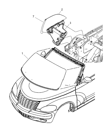 2007 Chrysler PT Cruiser Windshield, Backlite, Quarter Window And Mirror Diagram