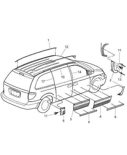 2005 Chrysler Town & Country Upper Molding, Front Driver Side Diagram for WW05CD7AA