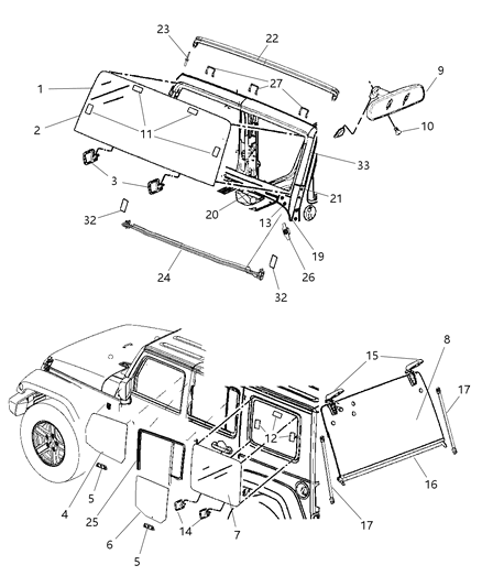 2018 Jeep Wrangler JK (Previous-generation) Glass, Glass Hardware & Interior Mirror Diagram