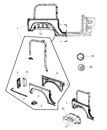 2018 Jeep Wrangler JK (Previous-generation) Rear Aperture (Quarter) Panel Diagram 1 - Thumbnail