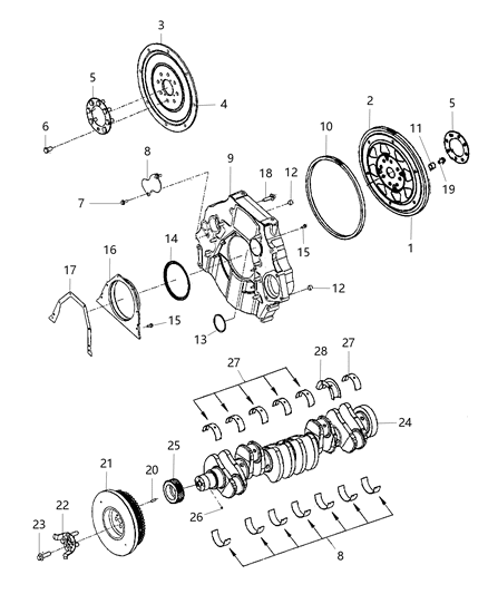 2008 Dodge Ram 3500 Pickup Crankshaft , Crankshaft Bearings , Damper , Flywheel And Flexplate Diagram 3 - Thumbnail