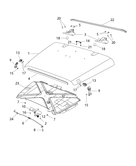 2018 Jeep Wrangler JK (Previous-generation) Hood & Related Parts Diagram 1 - Thumbnail