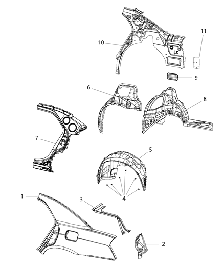 2011 Chrysler 300 Shield Wheelhouse Diagram for 68084290AC