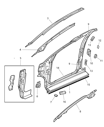 1999 Dodge Caravan Body Front Pillar & Aperture Panel Diagram