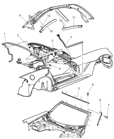 2004 Dodge Viper Weatherstrip Header And A Pillar Diagram for 4865561AD