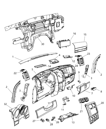 2011 Dodge Nitro Glove Box Assembly, Light Gray, Front Diagram for 1KE741DBAB