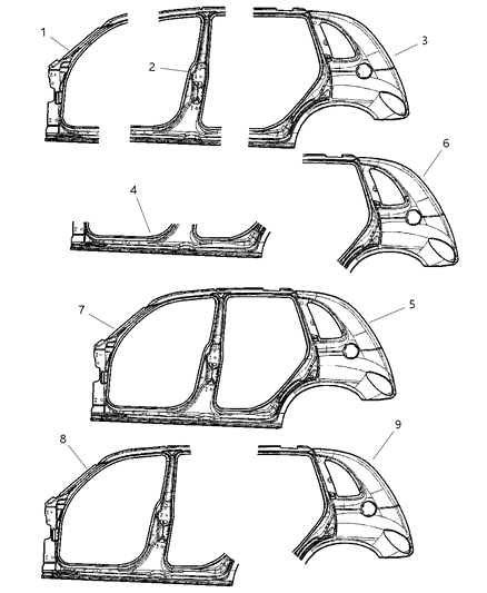 2002 Chrysler PT Cruiser Panel Package Bodyside Aperture Front Diagram for 5066215AA