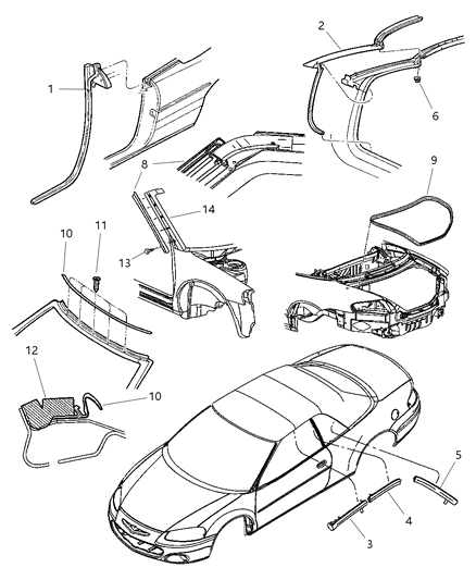 2004 Chrysler Sebring Weatherstrip A - Pillar To Roof Diagram for 5056002AB