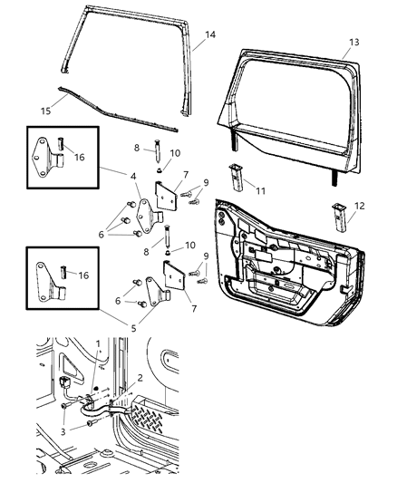 2007 Jeep Wrangler Half Front Door, Glass Frame & Hinges Diagram