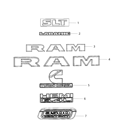 2020 Ram 3500 Cab Chassis Nameplates, Emblems And Medallions Diagram
