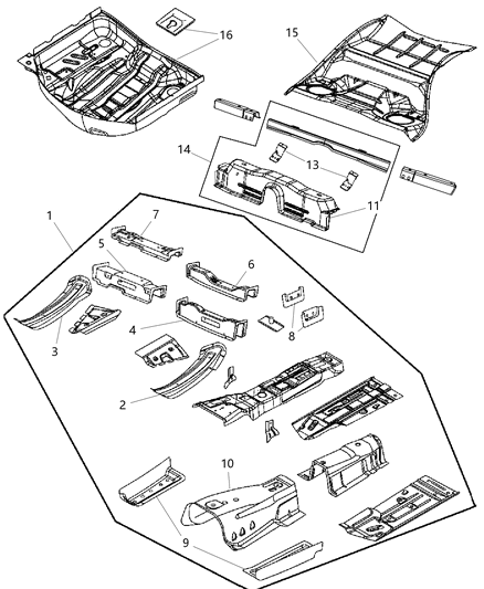 2009 Dodge Challenger Front, Center & Rear Floor Pan Diagram
