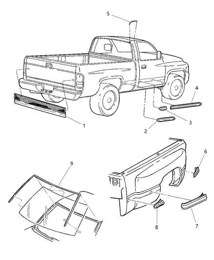 2000 Dodge Ram 3500 Side Molding Diagram for 55076887AA