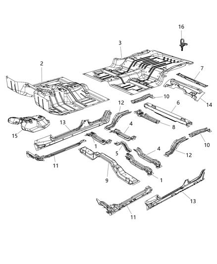 2016 Jeep Wrangler Front,Center And Rear Floor Pan Body Diagram