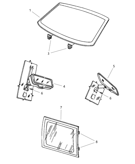 1998 Jeep Grand Cherokee Glass, Windshield, Quarter Window & Rear View Mirror Diagram