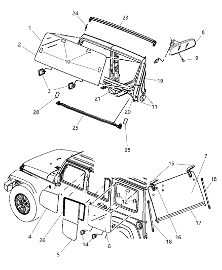 2009 Jeep Wrangler Windshield, Front Diagram for 68003430AB