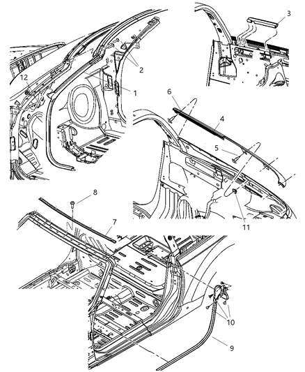 2005 Chrysler PT Cruiser Weatherstrip Header And A Pillar Diagram for 5067158AC