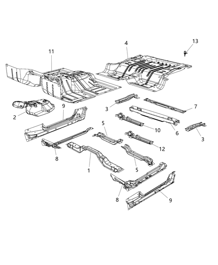 2014 Jeep Wrangler Front, Center & Rear Floor Pan Diagram