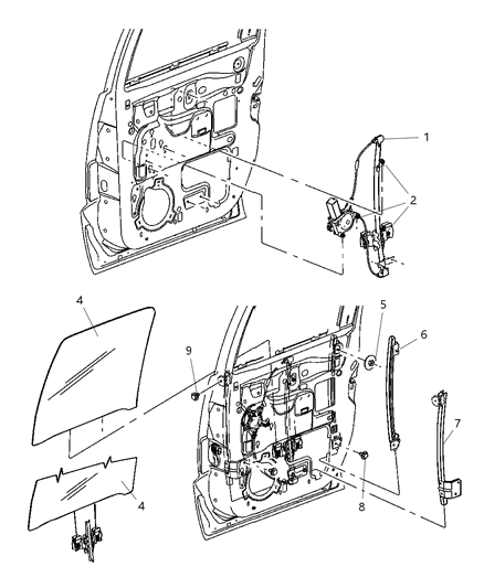 2005 Dodge Dakota Regulator Rear Door Window Diagram for 55359558AA