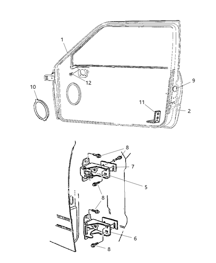 1999 Dodge Ram 2500 Quad & Club Cab Door, Front Shell & Hinges Diagram