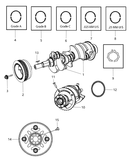 2008 Jeep Commander Crankshaft , Crankshaft Bearings , Damper , Flywheel And Flex plate Diagram 2 - Thumbnail