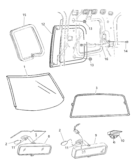 1997 Dodge Ram 3500 Glass, Windshield, Backlite, Mirror Diagram