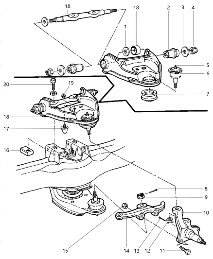 1999 Dodge Ram Wagon Upper Control Arms & Knuckles - Front Diagram