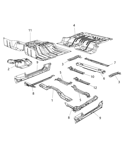 2018 Jeep Wrangler JK (Previous-generation) Front, Center & Rear Floor Pan Diagram