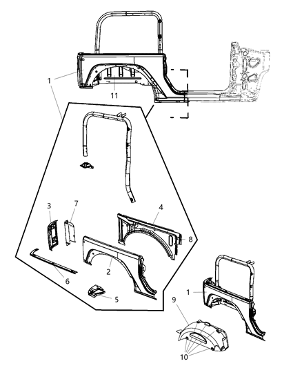 2011 Jeep Wrangler Corner Panel, Rear Driver Side Diagram for 55395897AB