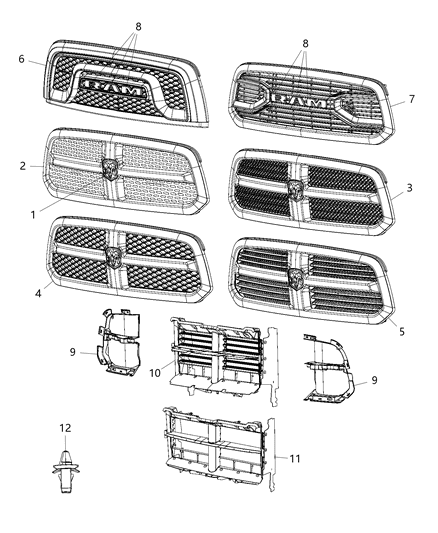 2017 Ram 1500 Grille Radiator Without Ram Letters Diagram for 5UQ48SZ0AB