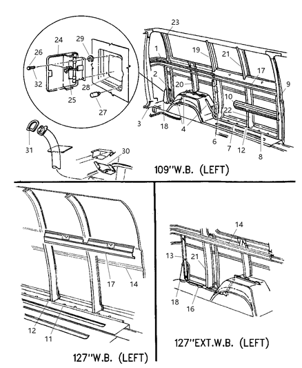 2002 Dodge Ram Wagon Supports Retainers & Fuel Filler Door Diagram
