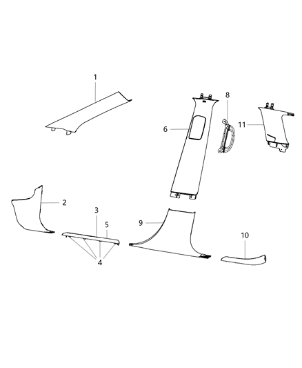 2016 Jeep Grand Cherokee Interior Moldings, Pillar Panels, And Scuff Plates Diagram