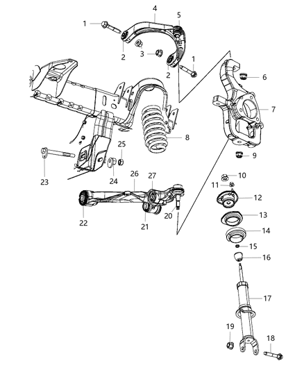 2007 Dodge Ram 1500 Arm Upper Control Front Complete w/ Ball Joint & Bushings Diagram for 55366653AF